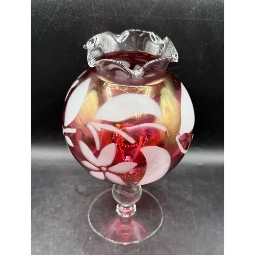 Cranberry Flower Rose Bowl Vase Glass Etched Pedestal Ruffled Rim Vintage